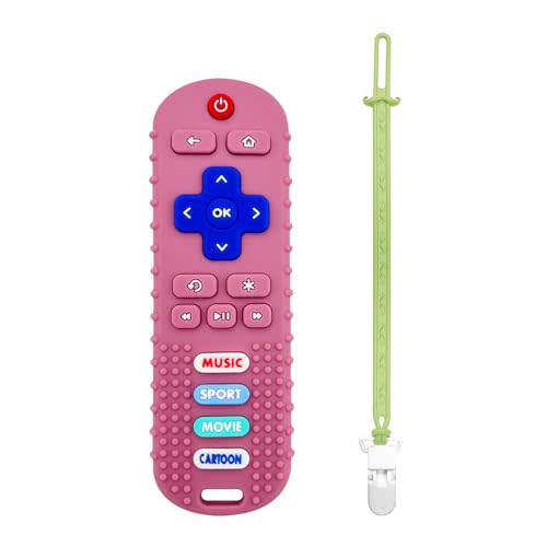 ROBBEAR Baby Teething Toys, Food Grade Silicone Remote Control Teether for Babies 3 6 12 18 Months, TV Remote Shape with Silicone Pacifier Clip Infant Chew Toys for Boys and Girls, Freezer BPA Free