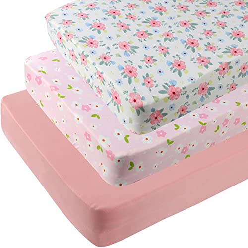 Pack n Play Sheets 3 Pack Fitted for Baby Girl, Stretchy Jersey Knitted Portable Mini Crib Sheets Playard Mattress Cover, Pink Floral