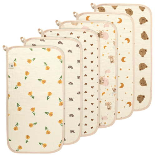 KABOER 6 Pack Muslin Burp Cloths for Baby, Large 20"x11", Extra Soft & Absorbent 4 Layers, Cute and Eco-Friendly Prints, Burping Cloths for Boys and Girls, Baby Essentials