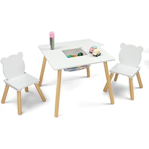 JOYMOR Kids Table and 2 Chairs Set with Storage & Removable Tabletop, Panda Ear Chairs, 3-in-1 Kids Activity Table for Craft, Playroom Toddler Table and Chair Set for Kids 2-5