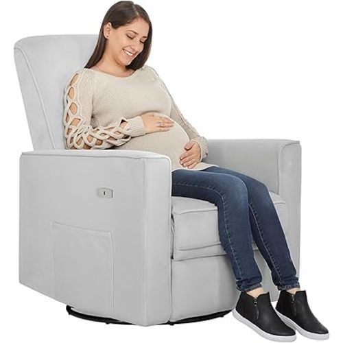 Evolur Harlow Deluxe Upholstered Plush Seating Glide Rocker, Swivel, Power Recliner with USB Port, Greenguard Gold Certified, Glider Chair for Nursery in Misty Grey