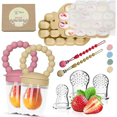 O’doe Silicone Baby Popsicle Molds & Baby Food Feeder with 1 Clip, 2 Pack Freezer Tray with Lid, 2 Breastmilk Popsicle Molds for Teething Relief, BPA Free (Pink + Beige, Baby Deluxe Set)