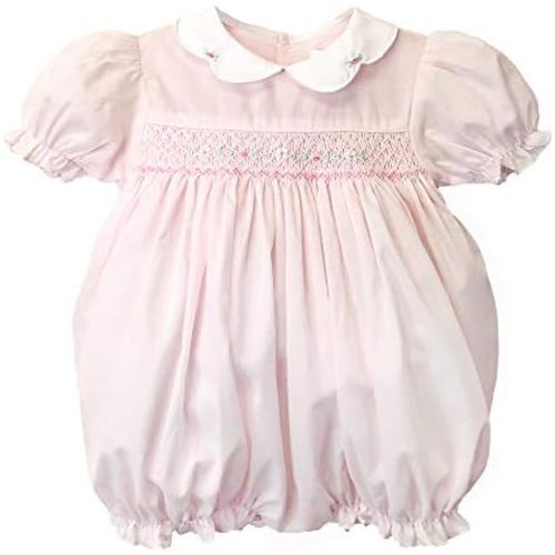 Baby Girls’ Hand Embroidered Smocked Bubble Romper, Pink