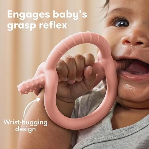 Frida Baby Get-A-Grip BabyTeether for Teething Relief | 100% Food-Grade Silicone Teething Toys for Baby 0-6, 12, 18 Months Infant, BPA-Free, PVC-Free | Pink - Muted Pink