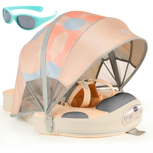 Mambobaby Float with Canopy and Tail New Upgraded Non-Inflatable Baby Pool Float Mambo Float Swim Trainer Solid Infant Swim Float Adjustable Pearl Foam Baby Swim Ring