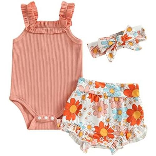 fhutpw Baby Girl Clothes Summer Cute Outfits 3 6 12 18 Months Spaghetti Strap Romper & Floarl Shorts Sets