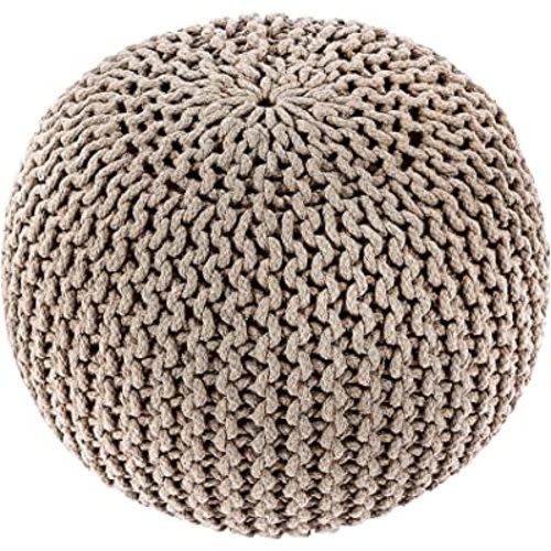 REDEARTH Round Pouf Ottoman - Hand Knitted Cable Boho Poof Home Décor Pouffe Circular Footrest for Living Room - Bedroom - Lounge - 100% Cotton (19.5"x19.5"x14") - Beige