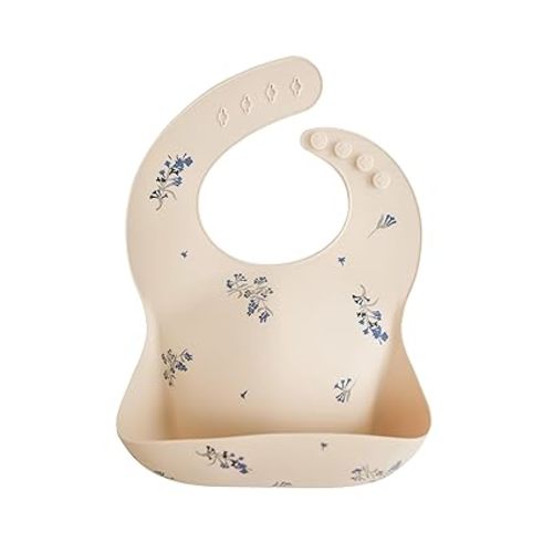 mushie Silicone Baby Bib | Adjustable Fit Waterproof Bibs (Lilac Flowers)