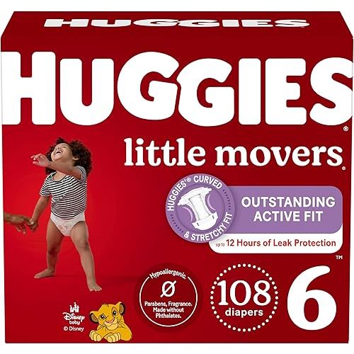 Huggies Size 6 Diapers, Little Movers Baby Diapers, Size 6 (35+ lbs), 108 Count, Packaging May Vary