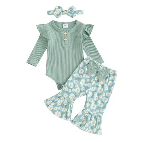fhutpw Newborn Baby Girl Clothes Rib Frill Long Sleeve Romper Daisy Flared Pants Headband Set 3pcs Fall Winter Outfits