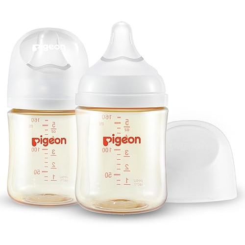 Pigeon PPSU Nursing Baby Bottle Wide Neck, Anti-Colic, Streamlined Body, Natural Feel, Easy to Clean, 5.4 Oz(Pack of 2), Includes 2pcs SS Nipples (0m+)