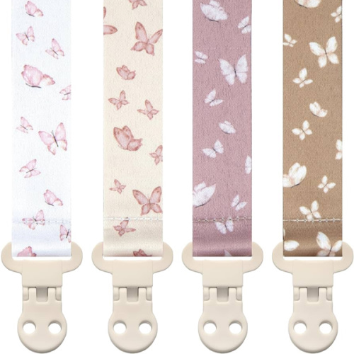 Stadela Baby Pacifier Clip Holder - Girl or Boy Unisex 4 Pack Gift Set – Blush Pink and Beige Butterflies (Anabella)