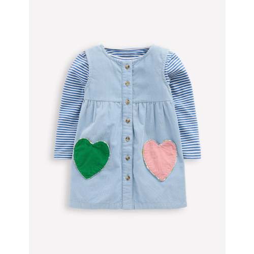 Woven Pinny Dress Set-Glacier Blue Hearts