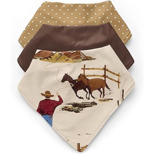 Sweet Jojo Designs Western Cowboy Boy Baby Bandana Bibs Newborn Infant Feeding Drool Red Blue Tan Chocolate Brown and White Wild West Southern Country Horse - 3 Pack Set of Absorbent Fabric Bibdanas