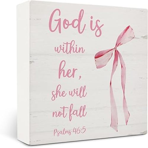 Coquette Room Decor,Pink Coquette Bow Christian Bible Verse Wooden Box Sign,Pink Bow Room Decor For Girls Dorm Desk Shelf Tabletop Decoration 5x5 Inches