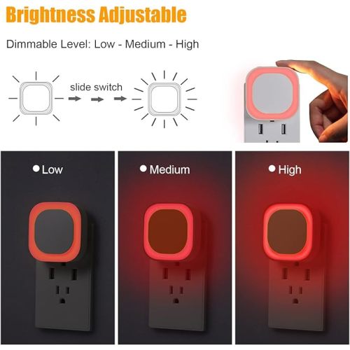 2 Pack Plug in Dimmable Red Night Light, Auto Dusk to Dawn Sensor, LED Night Light, Soft Glow, Diffused Light, Square Nightlight for Bathroom, Hallway, Stairs, Kitchen, Bedroom, Garage
