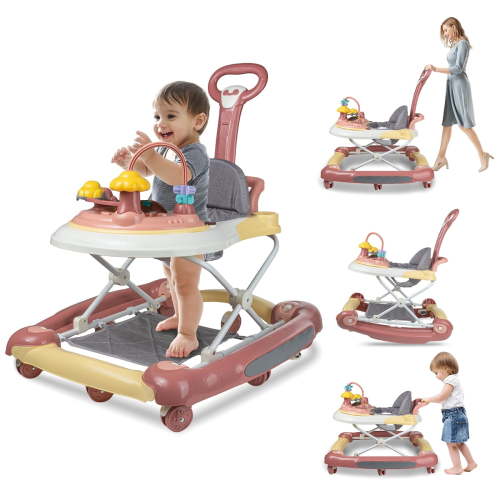 JOJOLAM 5-in-1 Baby Walker, Musical Activity Push Walker with Detachable Awning Footrest, Adjustable Height, Pink