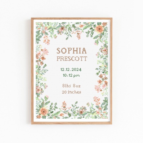 Floral Birth Announcement Cross Stitch Pattern, Botanical Baby Birth Embroidery PDF, Customizable Modern Girl Boy Nursery, Baby Shower Gift