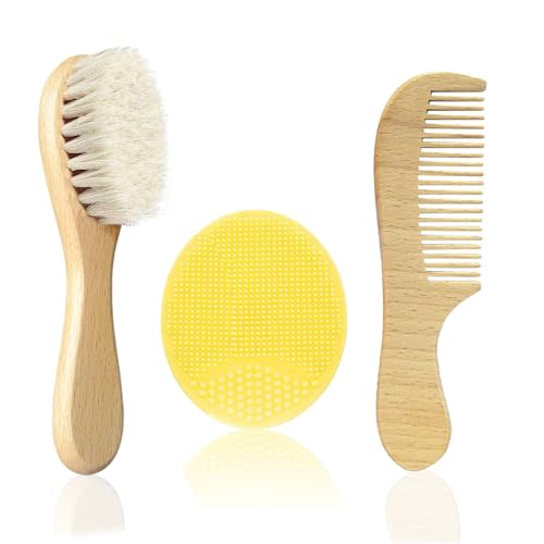 Molylove Baby Hair Brush with Wooden Handle and Comb Set for Newborns & Toddlers | Natural Soft Goat Bristles l Wood comb l Yellow Silicone Brush| Ideal for Cradle Cap (3PCS)
