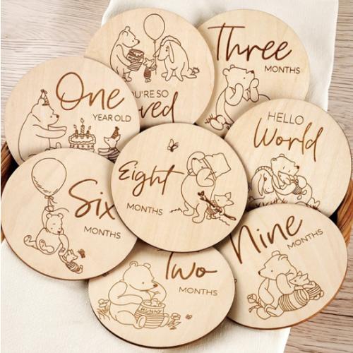 Winnie Baby Monthly Milestone Marker, Wooden Discs for Baby Photo Props with Hello World Newborn Sign - 8Pcs Double Sided Signs- Laser Engraving
