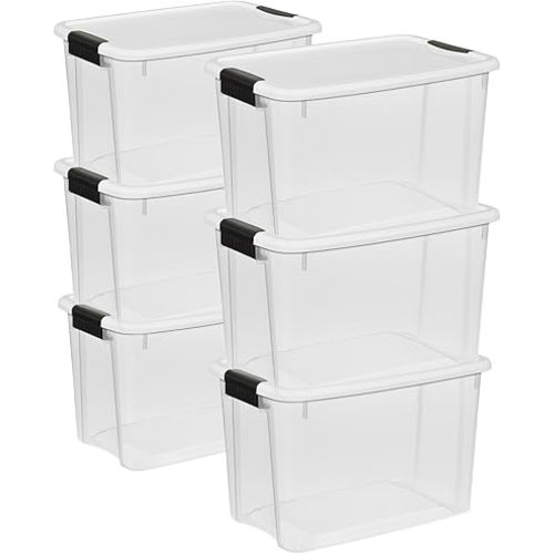 Sterilite 6-Pack Stackable Storage Bin with Lid, Clear Plastic Design, 30 Quart