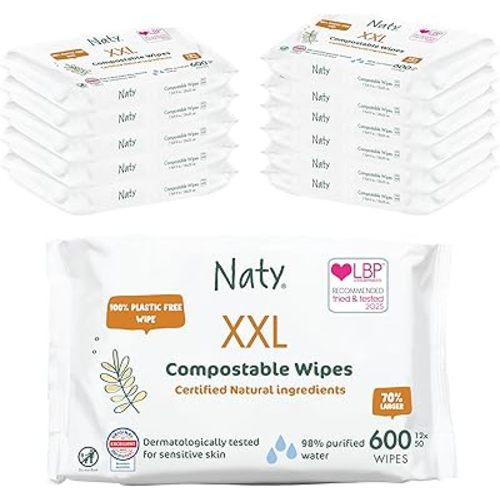 Naty Baby Wet Wipes XXL | Natural, Unscented, 98% Purified Water for Sensitive Skin | Plant-Based & Fragrance-Free | Plastic-Free & Compostable | Gentle Newborn Diaper Wipes | 600 Count (12 Packs)