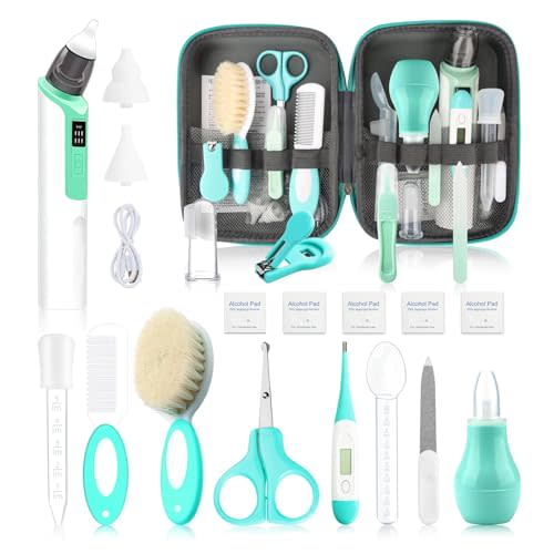 Baby Grooming Kit, Infant Safety Care Set with Baby Electric Nose Aspirator，Baby Hair Brush Comb Nail Clipper Nasal Aspirator,Baby Essentials Kit for Newborn Girls Boys (21 Pc Green Kit)