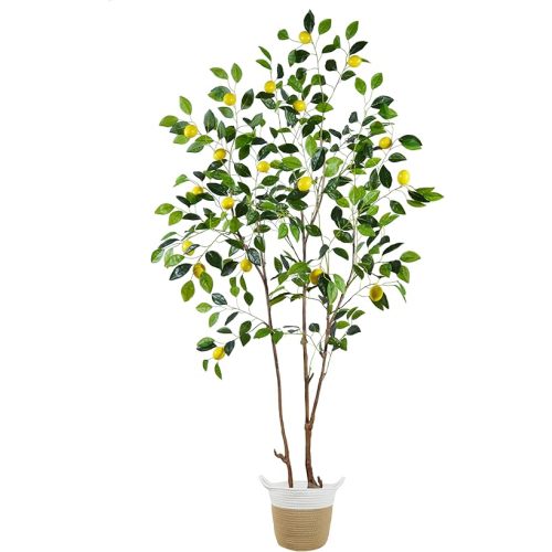 Artificial Lemon Tree, 6ft Tall Fake Lemon Silk Plant with Woven Basket, Faux Lemon Plastic Fruit Tree for Indoor Home Decor Office Living Room