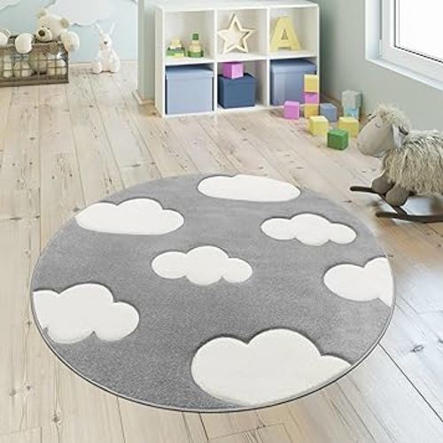 Modern Kids Rug with Clouds in Grey Pastel for Nursery, Size: 3'11" Round