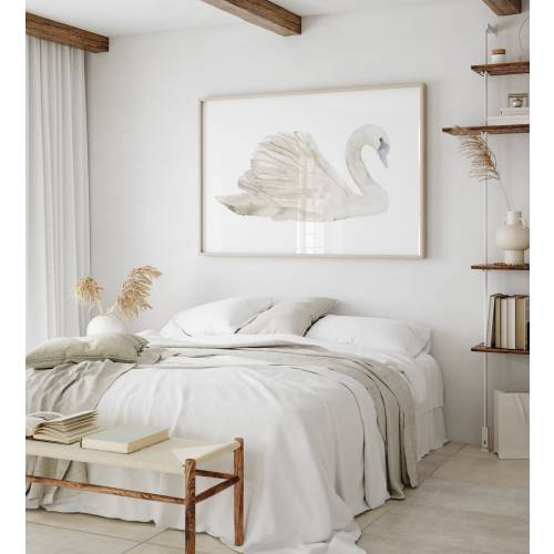Swan Watercolor Print Minimalist Beige Light Bird, Painting Nature Wall Decor Nursery Wall Art Baby Girl's Room Design, Animal Decor