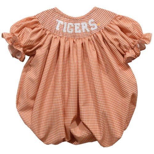 Clemson Tigers Smocked Orange Gingham Short Sleeve Girls Bubble