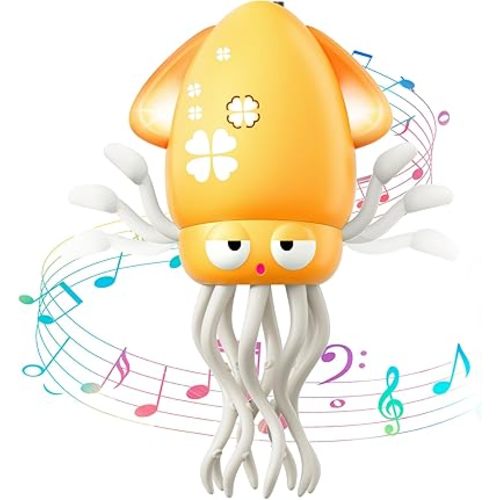 Dancing Octopus Baby Toy, Electric Crawling Octopus Tummy Time Toy, Rechargeable Magic Dancing Music Squid for 3 4 5 6 Year Old Kids Boy Girl Birthday Gifts, Funny Squid for Office Desk Decor (Yellow)