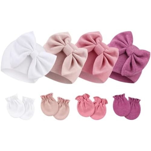 BQUBO - Conjunto de guantes para bebé recién nacido, gorro de hospital, gorro de lazo, guantes de bebé, guantes antiarañazos para 0-6 meses
