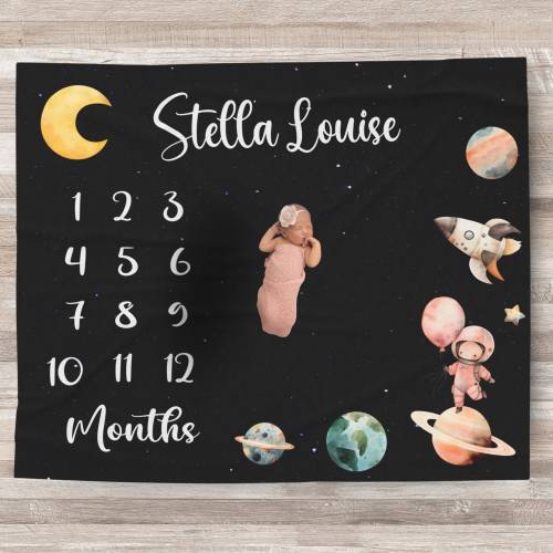 Custom Girl Space Baby Milestone Blanket Personalized blanket Monthly Growth tracker, baby shower gift pregnancy New Mom Gift Mothers day
