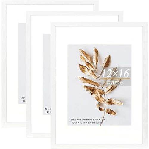 Set of 3 Picture Frames - White 12x16 Frames Display 8.5x11 Picture with Mat or Without Mat on the Wall