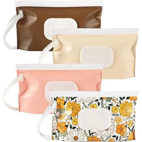 FEBSNOW 4 Pack Baby Wipes Dispenser, Portable Refillable Wipe Holder Baby Wipes Container Travel Wipes Case Reusable Wet Wipes Pouch (Floral, Cream, Brown, Pink)