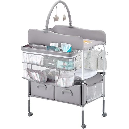 VEVOR Baby Changing Table, Foldable Diaper Change Station with 2 Fabric Drawers, Side Basket & Hanging Rod, Adjustable Height Portable Changing Table with Lockable Wheels & 2 Star Toys, Light Gray