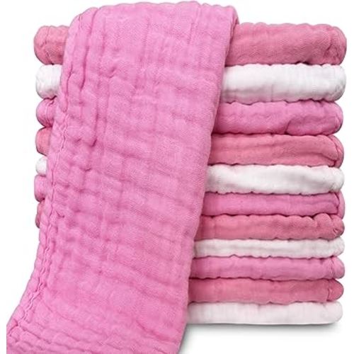 Muslin Burp Cloths for Baby 100% Cotton Burping Cloths for Unisex, Boy, Girl - Large 20'' by 10'' Newborn Essentials Ultra Soft Absorbent Milk Spit Up Rags - 12 Pack - White+Deep Sakura Series