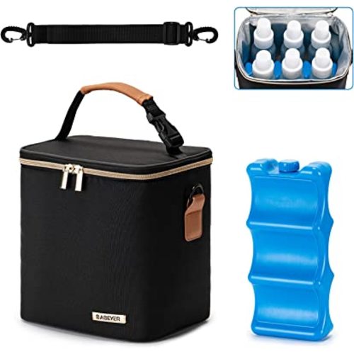 BABEYER Breast Milk Cooler Bag with Ice Pack Fits 6 Baby Bottles Up to 9 Ounce, Baby Bottle Bag with Shoulder Strap for Nursing Mom Daycare, Black
