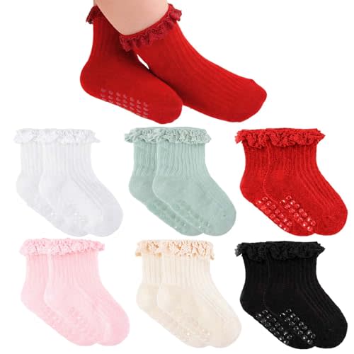 Baby Girl Anti Slip Grip Socks Cute Frilly Ruffle Ankle Socks Soft Breathable Cotton Non Skid Newborn Infants