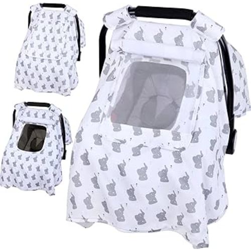 Baby Car Seat Cover, Infant Carseat Canopy with 3 Layers Windows, Breathable Mesh Peep Window, Kick-Proof Carrier Cover for Boys Girls, Windproof Stroller Cover Shower Gift for Newborn (Elephant)