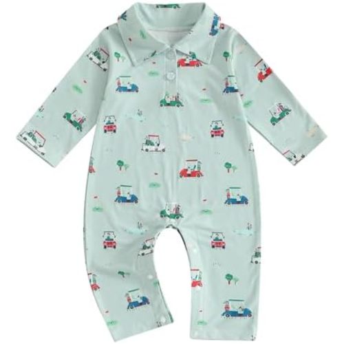 Infant Baby Boy Golf Outfit Golf Cart Collared Romper Long Sleeve Lapel Button Jumpsuit Bodysuit Fall Winter Clothes