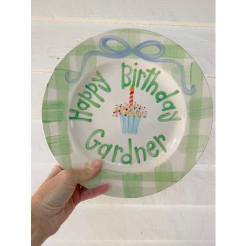 Personalized Boys Birthday Plate: Hand-Painted Ceramic Green Gingham and cupcake