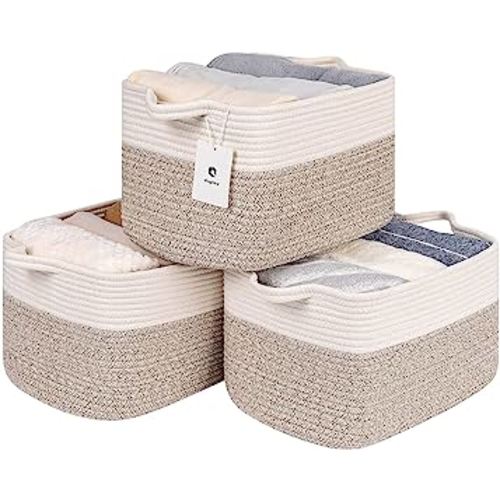 Large Woven Rectangle Basket With Handles for Shelves ,Toys Cotton Rope Cloth Storage Baskets for Organizing- Nursery Cube Bin,Decorative Storage Organizer Room, Bathroom(White/Brown 3bags)