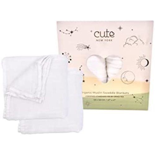 Cute New York Organic Muslin Swaddle Blankets for New Born Boys Girls (White 2PCS)