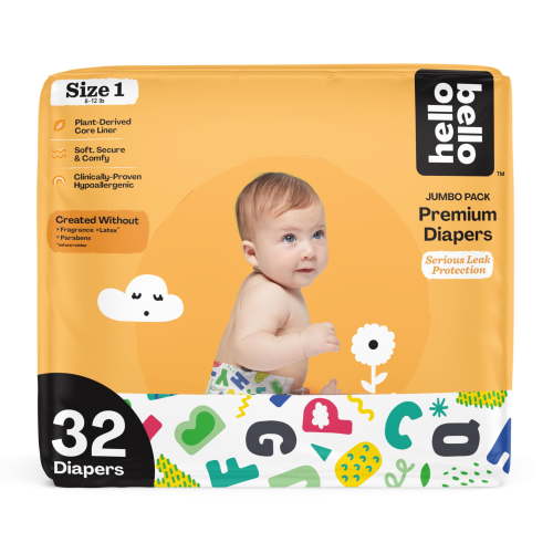 Hello Bello Premium Baby Diapers Size 1, 32 Count of Disposable, Extra-Absorbent, Hypoallergenic Baby Diapers with Snug and Comfort Fit, Alphabet Soup
