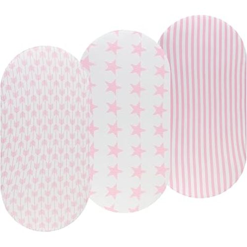Pink Bassinet Fitted Sheets 3 Pack for Baby Girl, Stretchy Soft Knitted Baby Sheet Set Universal for Oval Rectangle and Hourglass Bassinet Mattress, Arrow Star Stripe Printing
