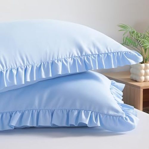 BEDSUM Queen Ruffled Pillow Shams - Set of 2, 20x30, Sky Blue
