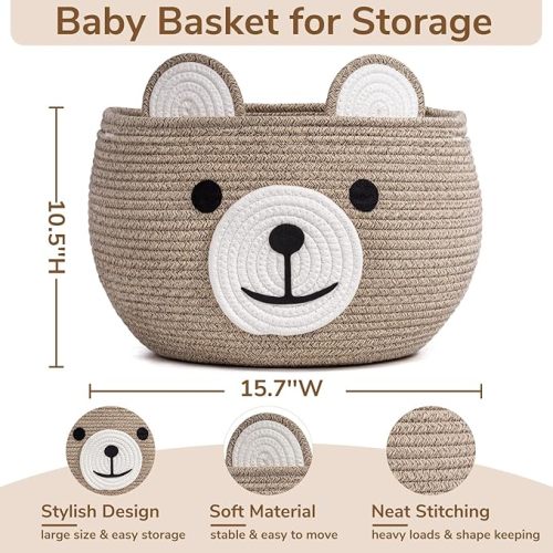 CherryNow Baby Basket for Nursery, Bear Gift Baskets for Kids, Baby Shower Basket with Handles, Small Cute Animal Baskets, Light Brown, 15.7" D x 10.5" H