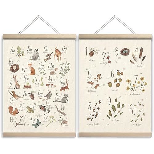 Woodland Alphabet Poster Nursery Kid Wall Art Woodland Wall Decor for Toddlers, Retro Numbers Animal Alphabet Chart Wall Decor for Playroom Nursery Classroom Hanging, ABC Posters Classroom Woodland Animals Decor 12x16